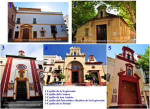 Sevilla, Capillas de la Expiración (1), del Carmen (2), de San Andrés (3), del Patrocinio y Basilica Menor de la Expiración (4), y de la Piedad (5) Sevilla, Capillas de la Expiración (1), del Carmen (2), de San Andrés (3), del Patrocinio y Basílica Menor de la Expiración (4), y de la Piedad (5)
